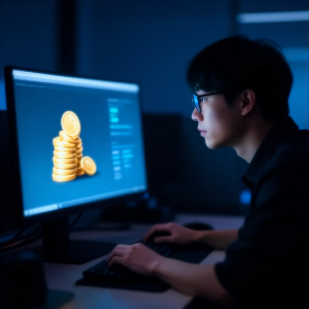 昏暗現代辦公室,電腦螢幕顯示平衡的金幣堆疊與數位點數圖示,戴眼鏡亞洲玩家專注分析兌換視覺,柔和藍光氛圍