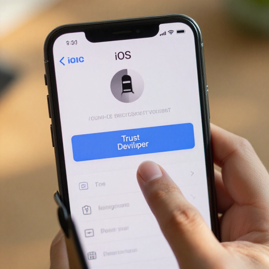 iPhone 螢幕顯示 iOS 描述檔安裝步驟,信任開發者選項高亮,手指點擊設定選單,自然日光溫暖色調,玻璃反射細節銳利
