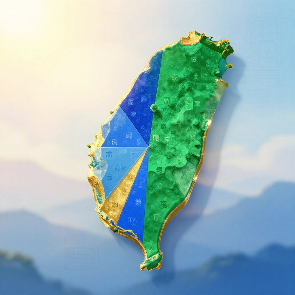 台灣前十大姓氏圓餅圖,藍綠金色區塊浮於台灣島輪廓,早晨陽光與文化圖騰背景