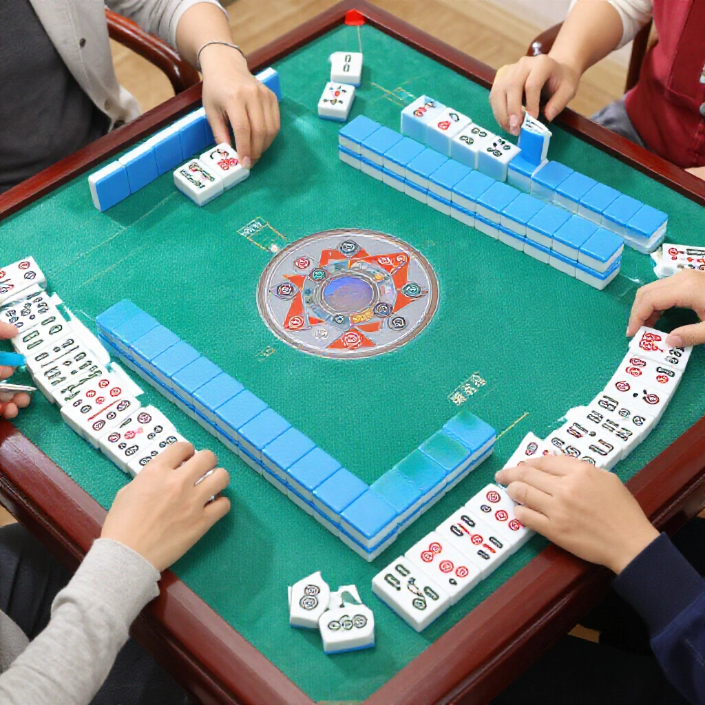 紙牌麻將發牌圖解,清楚標示2人、3人、4人各位置牌堆張數,鮮豔牌色與玩家區域標籤,便於理解佈局