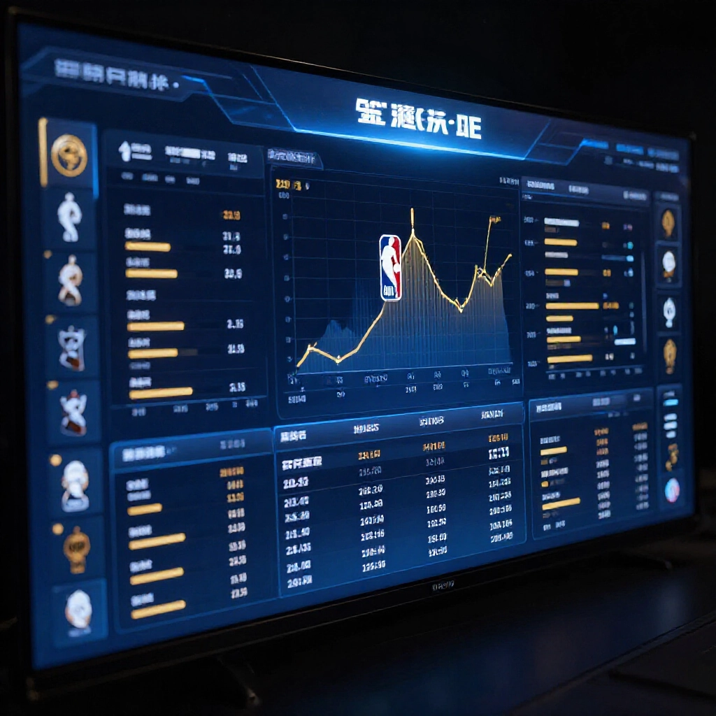 先進 NBA 數據儀表板,顯示節奏評級與球員效率模型,深藍金白配色方案