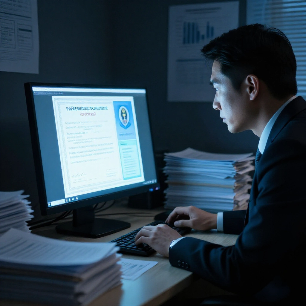 專業調查員在昏暗房間審視電腦螢幕,顯示發光的牌照證書與安全徽章,周圍堆滿文件與圖表,冷藍色調