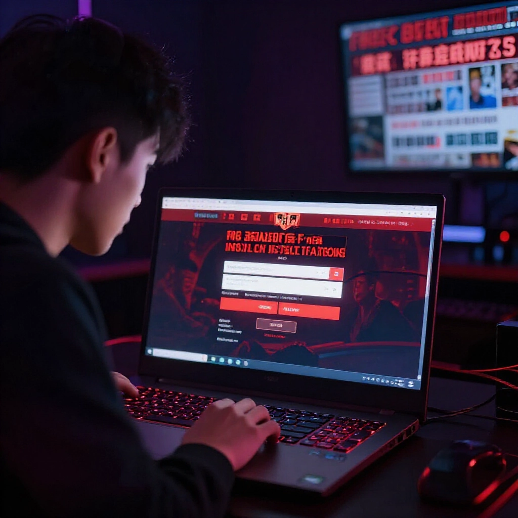 一位緊張的台灣玩家在昏暗房間盯著發光的筆電螢幕,螢幕上顯示賭場登入頁面疊加紅色詐騙警示與模糊的詐騙新聞標題
