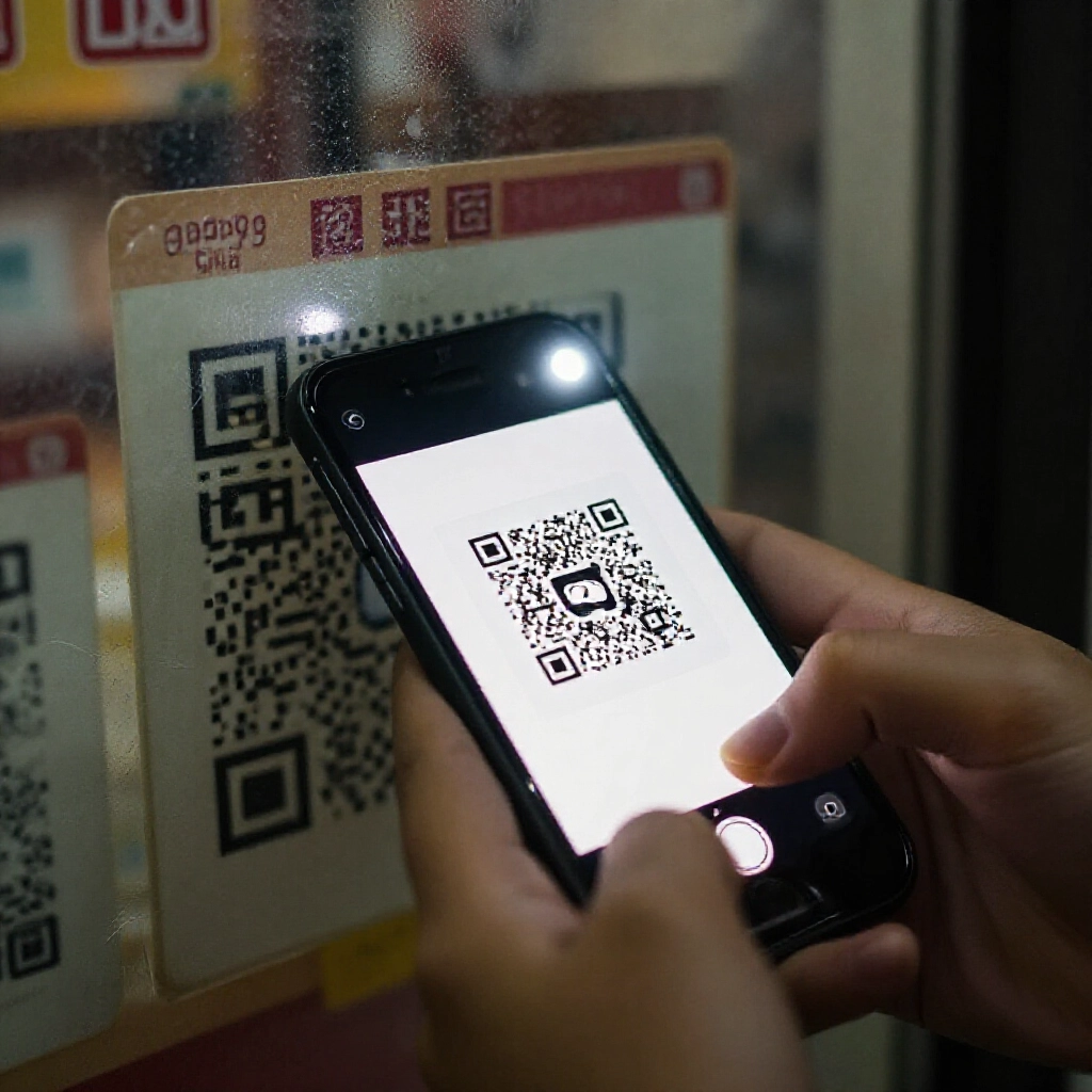 手持手機開啟相機閃光燈掃描刮刮樂彩票上的 QR Code,在燈光昏暗的彩券行利用手機光線提升可見度,即時顯示結果