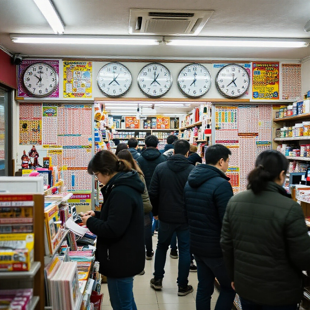 熱鬧彩票店內緊張氣氛,時鐘接近晚上八點,顧客在明亮螢光燈與繽紛威力彩海報下匆忙買票