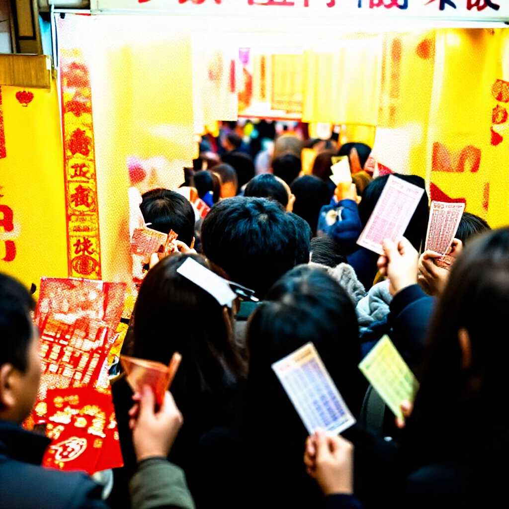 台灣過年彩券店人潮洶湧,民眾手持各種面額刮刮樂,彩色紅包海報宣傳千萬頭獎