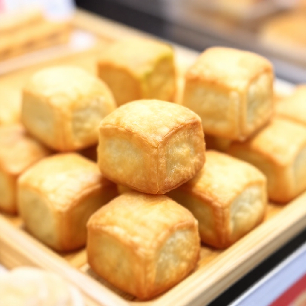 令人垂涎的金黃酥脆方塊酥擺在竹盤上,在明亮的台灣市場攤位,柔和自然光強調脆口與新鮮感