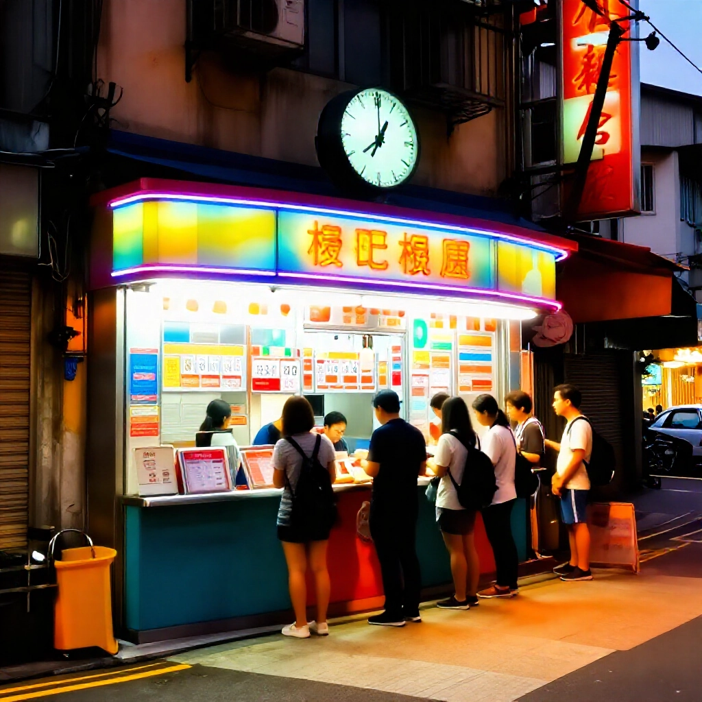 台灣傍晚繁忙街頭，彩券投注站入口人潮排隊，霓虹燈牌與八點大鐘顯示購買截止時刻