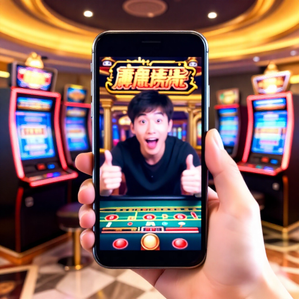 活力手機遊戲大廳,老虎機與百家樂桌,黑金主題,台灣用戶滑動Android裝置,興奮警覺表情,動態燈光反射螢幕,流暢動畫