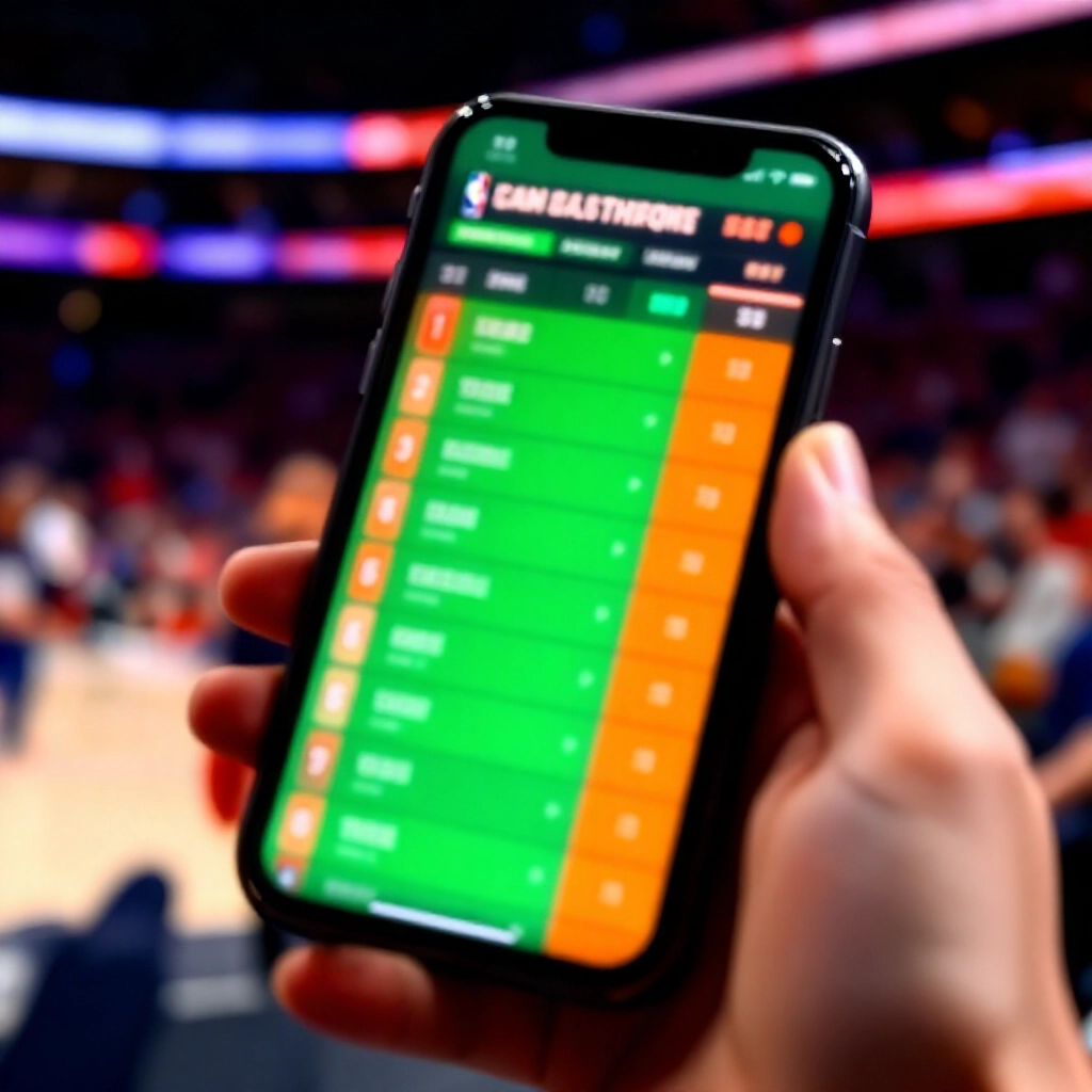 手機特寫顯示彩色運動賠率表選擇NBA賽事投注，直播比分更新，動感綠橘色調，背景模糊活力球場群眾