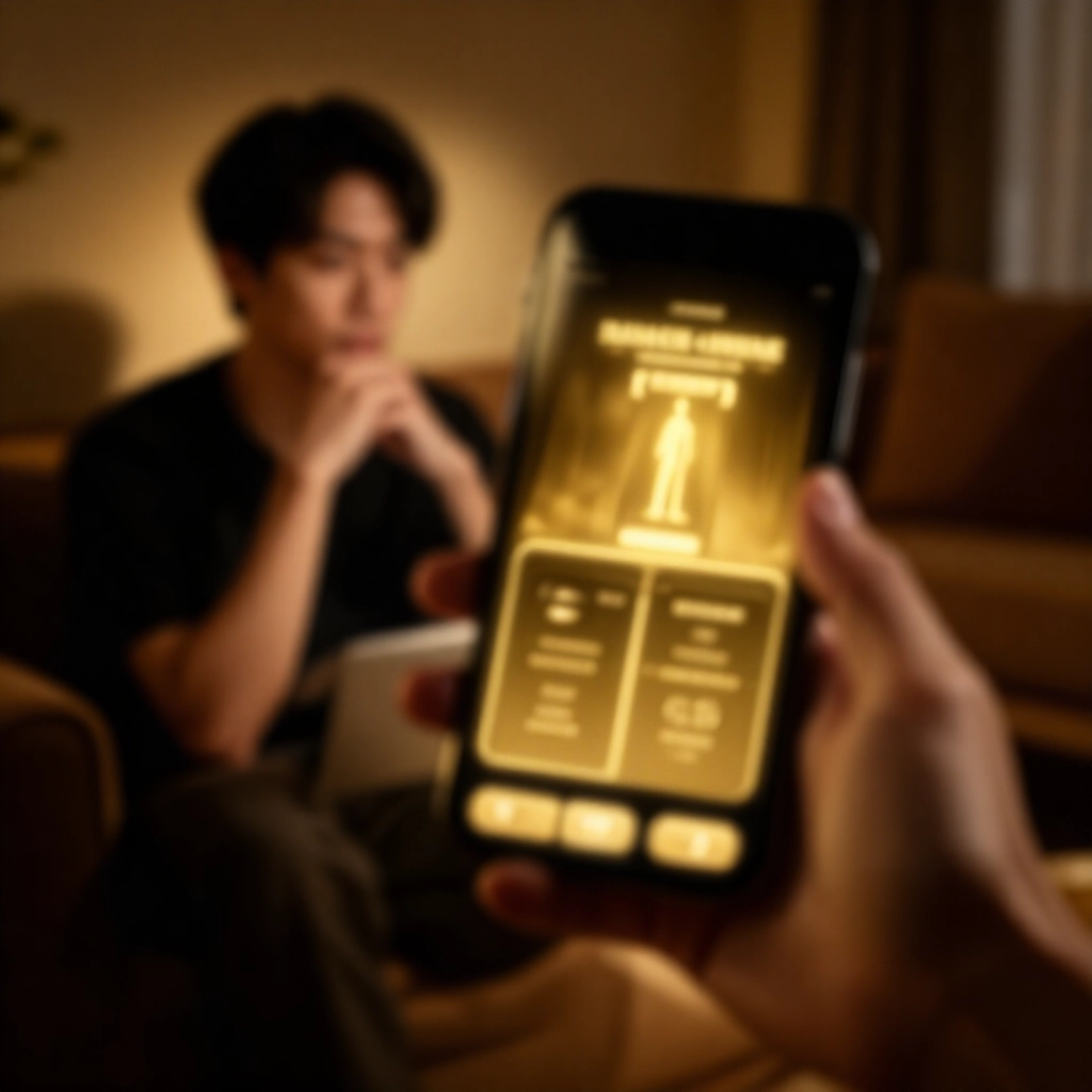 現代台灣玩家在舒適客廳,手機螢幕顯示金光閃閃的娛樂城App,檢查品牌歷史,沉思表情,溫暖燈光,黑金色調,流暢介面細節