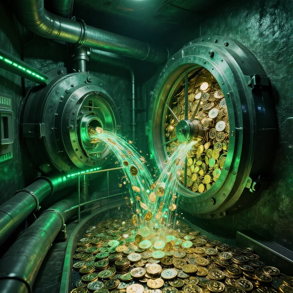 安全地下金庫充滿閃耀加密貨幣,透過加密管道流動,重型金屬鎖與綠光安全屏障