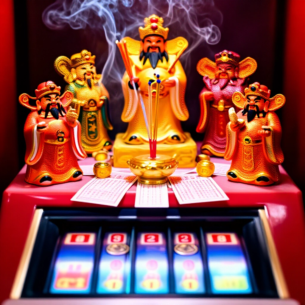 台灣民間五路財神祭壇，周圍環繞香煙與彩票，轉變成數位老虎機轉輪灑落金幣