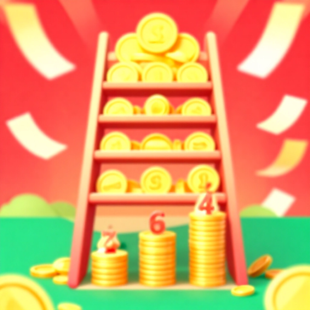 獎金階梯圖從肆獎小額到頭獎巨額金幣堆疊，節慶紅綠黃色調飄浮樂透券