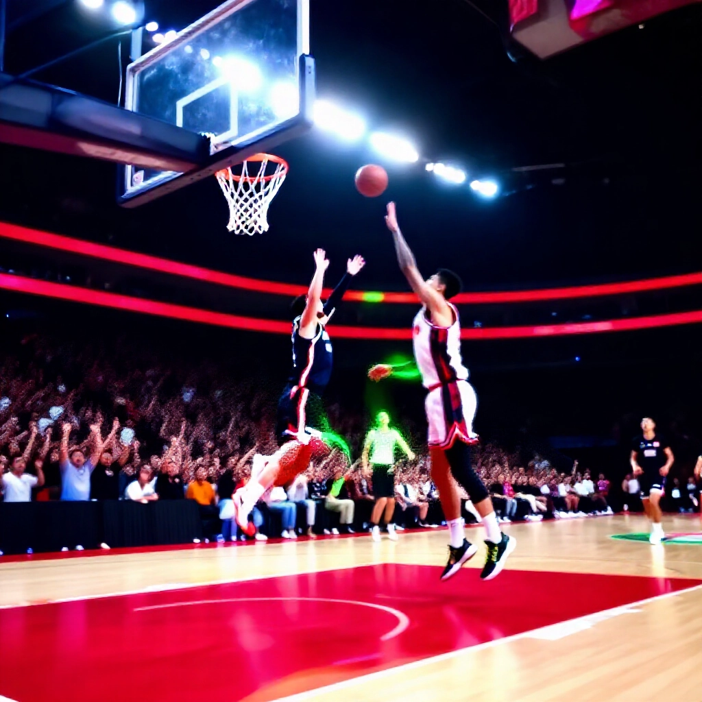 NBA 比賽現場充滿活力,兩隊激烈對抗中場,動感灌籃與傳球,紅綠讓分線浮現球員上方,觀眾熱烈歡呼