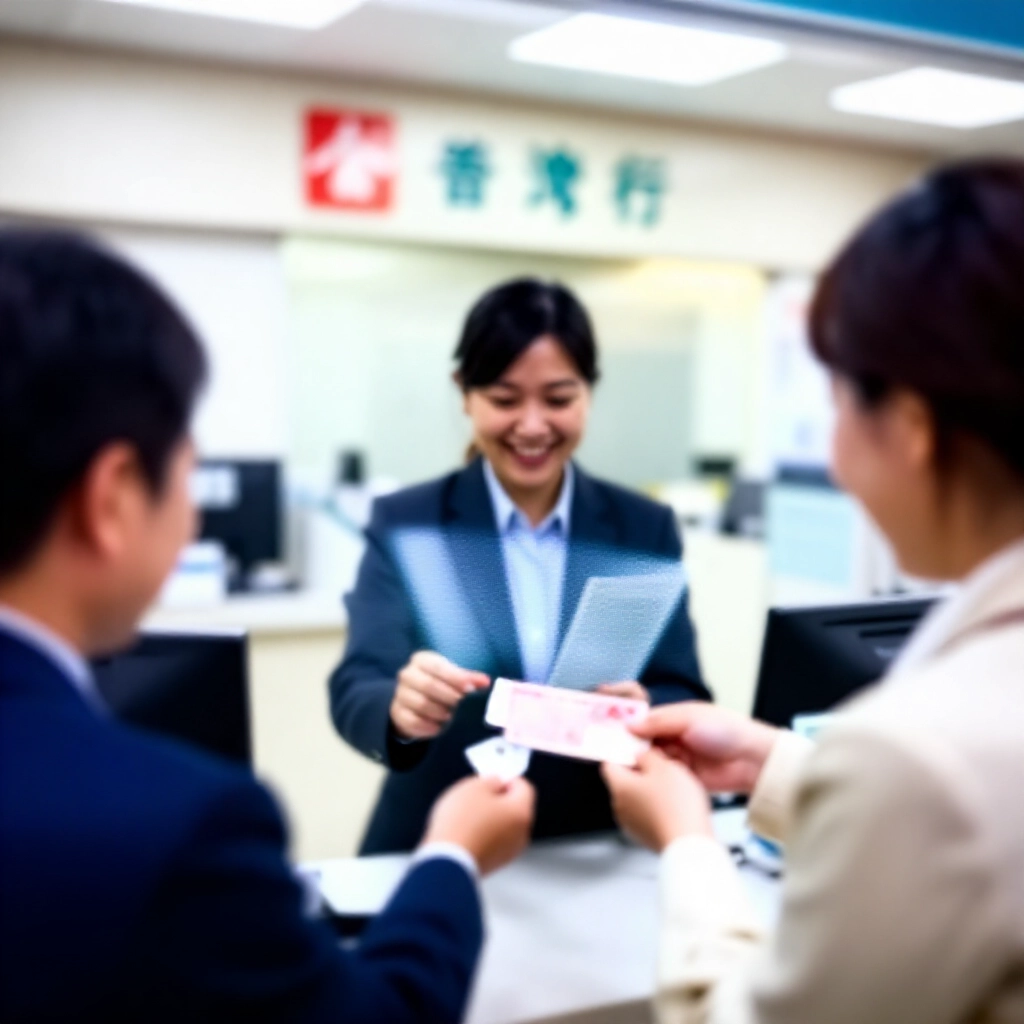 專業流程圖:笑容滿面的中獎者在銀行櫃檯領取獎金,櫃員驗證彩券,辦公室柔和燈光下有台灣銀行標誌