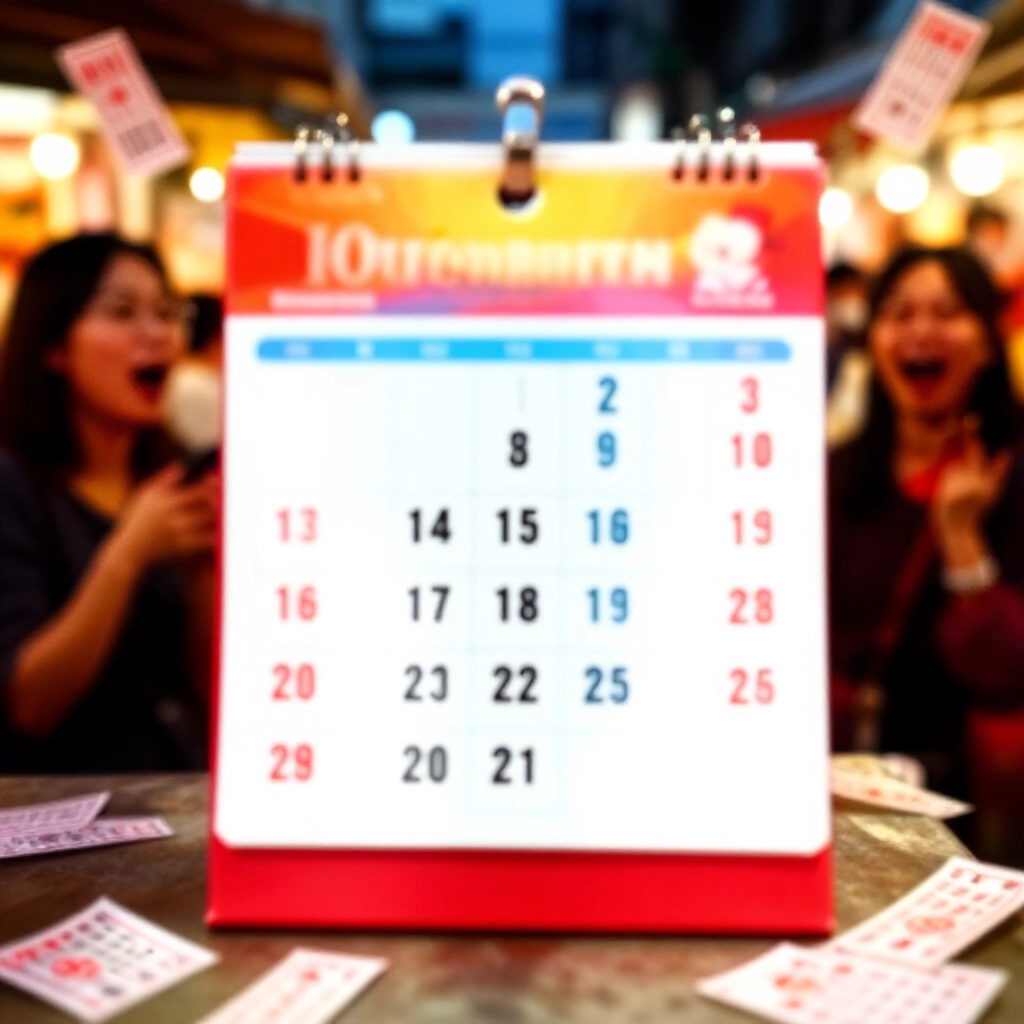 熱鬧日曆標示週一與週四為威力彩開獎日，彩券散落四周，興奮台灣人在夜市熱鬧氛圍中，溫暖燈光閃耀