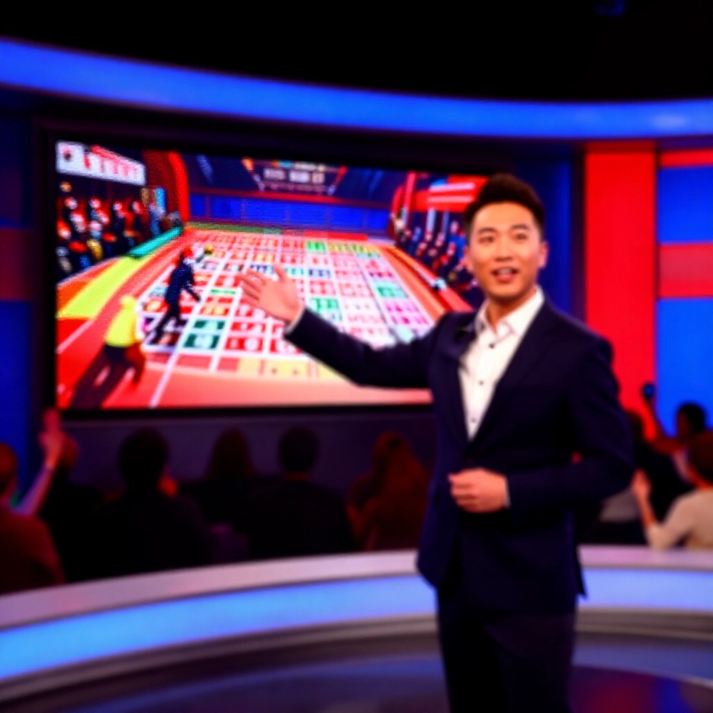 電視主播在專業工作室手勢指向大螢幕顯示即時開獎，觀眾歡呼，藍紅燈光動感