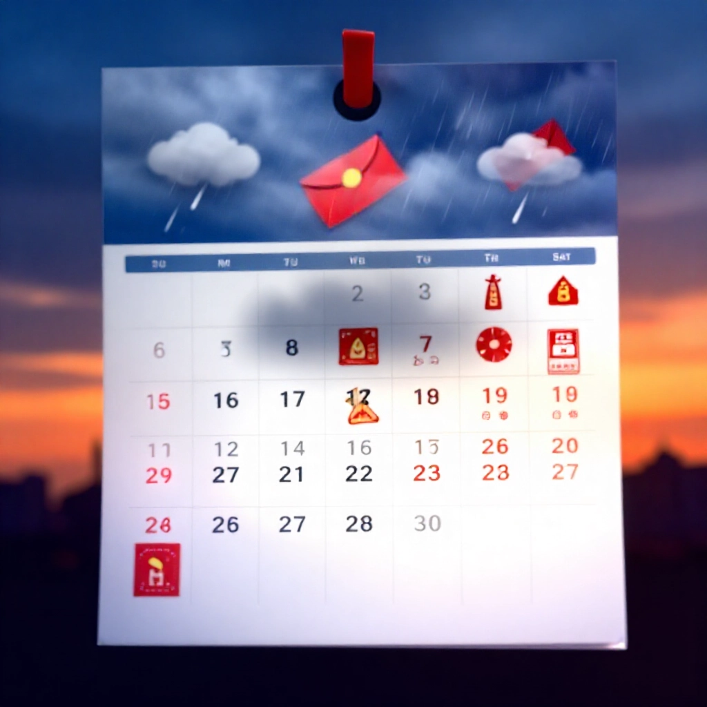 台灣節慶假期與颱風警報日曆,紅包風暴雲公告圖示藍橘暮光氛圍