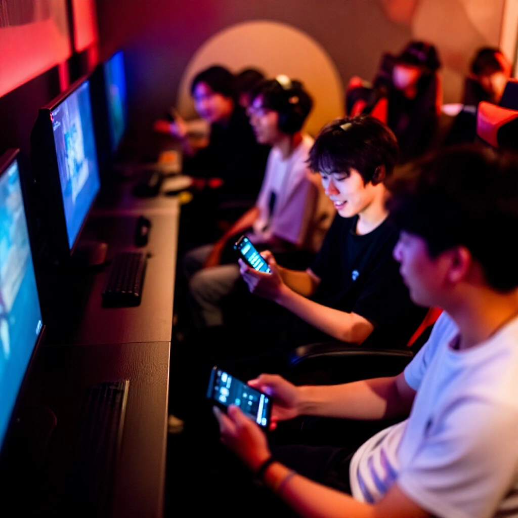 年輕玩家與員工在遊戲機旁聊天,手持手機顯示評價,正面表情活潑氛圍,閃爍燈光舒適座位,休閒社交