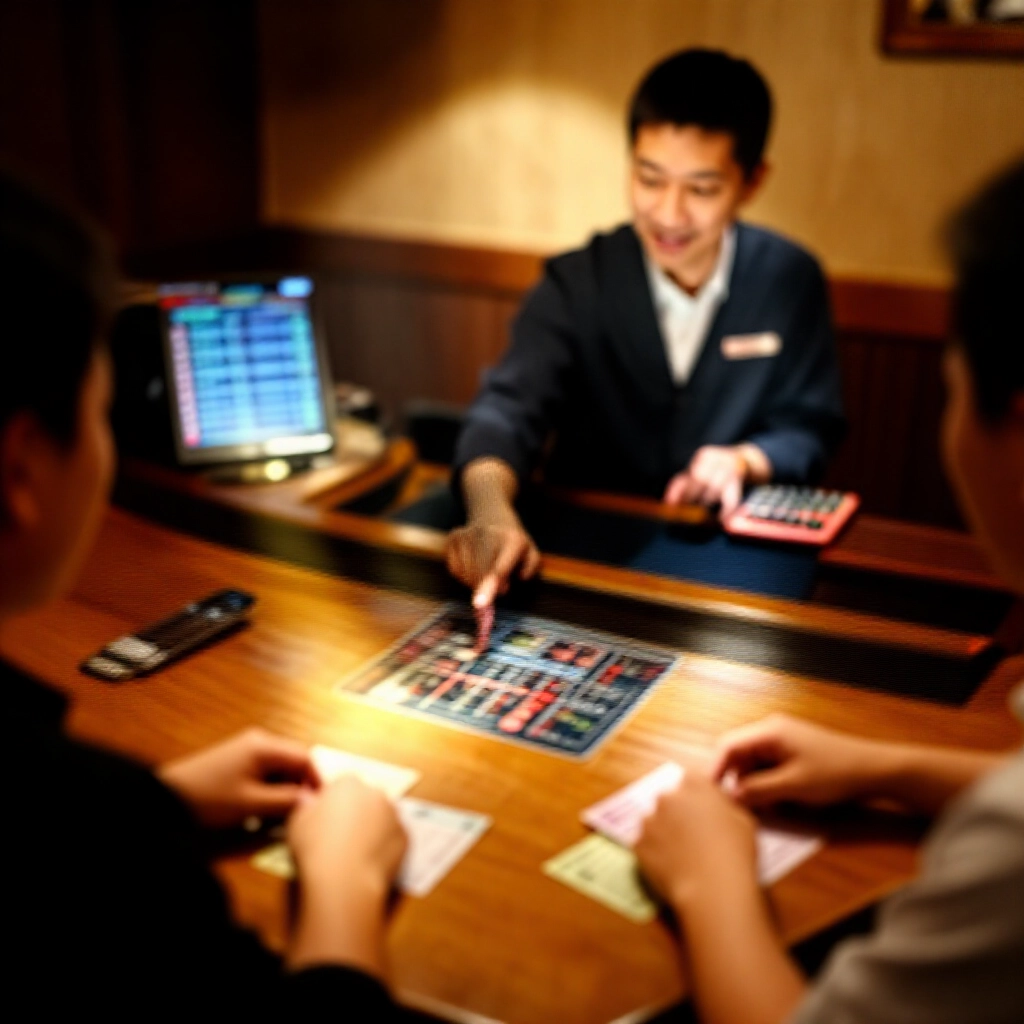 台灣舒適的投注櫃檯，顯示對碰、柱碰、全包選項的圖表，木桌散落彩票和計算機，親切店員向玩家解說
