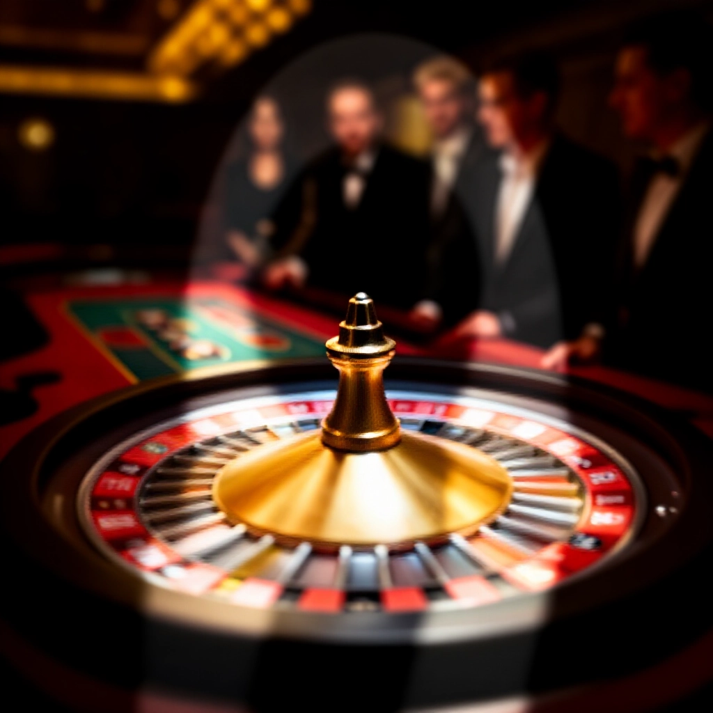 歐式輪盤輪子在金色賭場燈光下閃耀,單零口袋突出,優雅玩家傾身期待,鮮豔紅黑綠桌布佈局