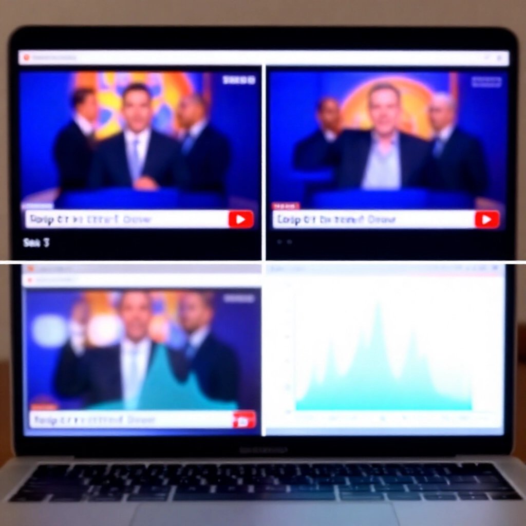 分割畫面比較YouTube串流略微延遲於清晰電視轉播的樂透開獎,疊加顯示秒數延遲圖表,現代筆電介面