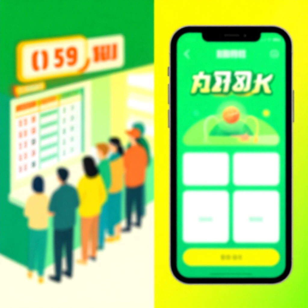 左右分割畫面比較圖:左側傳統彩券實體店排隊,右側活力運彩投注App介面,以綠黃色系現代數位風格