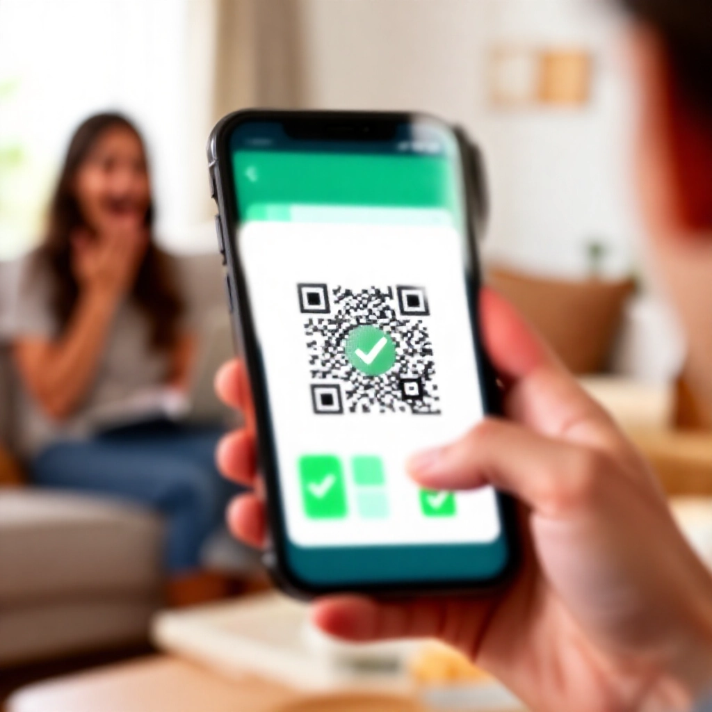 智慧型手機螢幕掃描彩券QR Code,APP介面顯示匹配確認,綠色勾選記號,興奮使用者在舒適客廳微笑,自然日光,現代裝置特寫