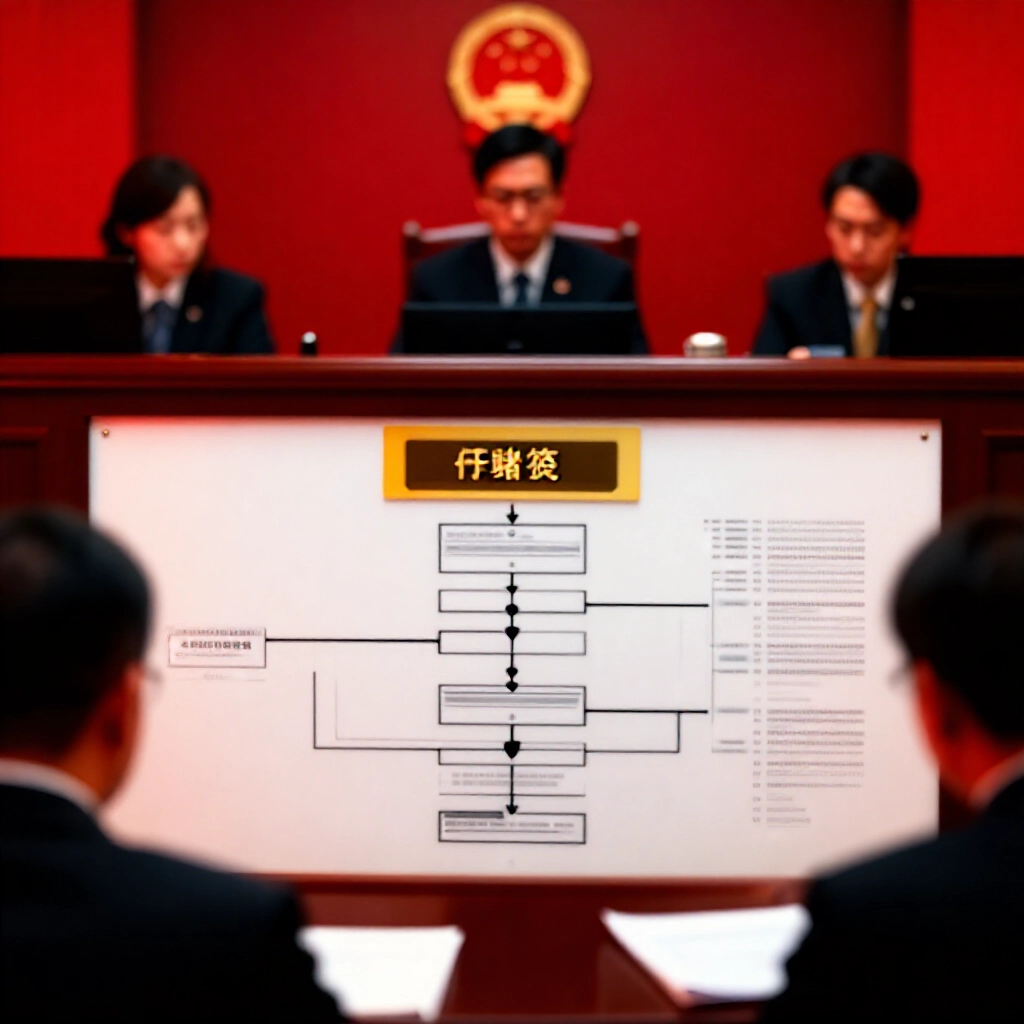 台灣法庭場景,包含法律文件、警示標誌與資金流程圖,從存款追蹤至傳票與凍結帳戶,以紅琥珀燈光呈現嚴肅專業人士檢視證據
